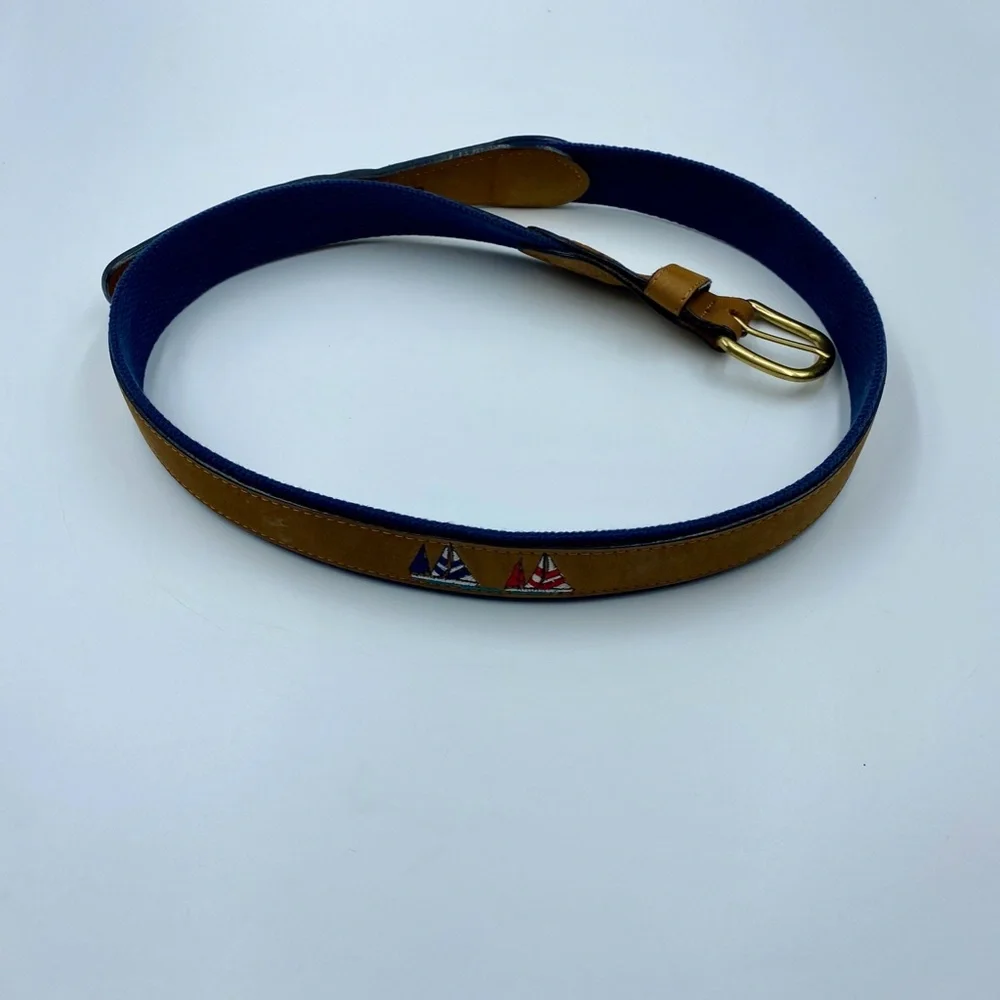 Men's Tan Leather Belt with Embroidered Sailboats